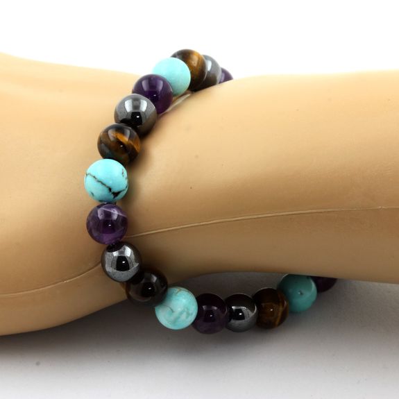 Bracelet Perles Améthyste + Oeil de Tigre + Turquoise + Hématite 8 mm.