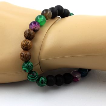 Bracelet Perles Agate rubanée multicolore + Malachite + Onyx noir mat + bois 8 mm.