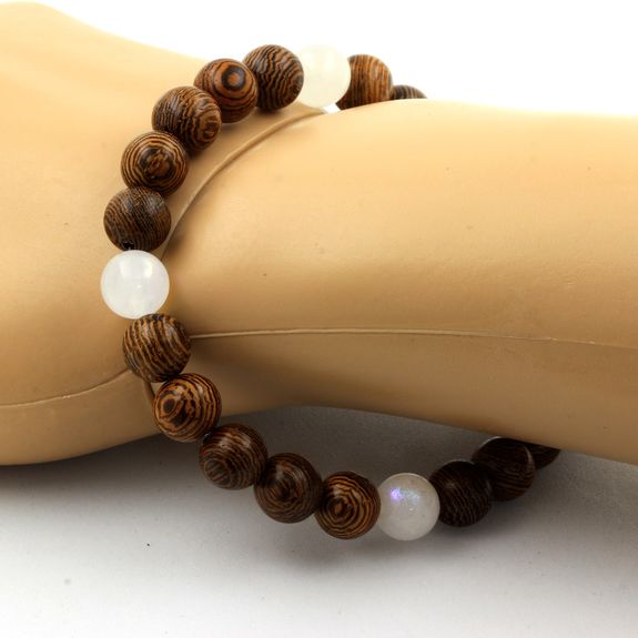 Bracelet Perles Pierre de lune + bois 8 mm.