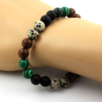 Bracelet Perles Jaspe Dalmatien + Malachite + Onyx noir mat + bois 8 mm.