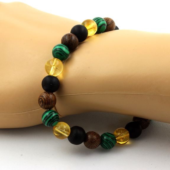 Bracelet Perles Citrine + Malachite + Onyx noir mat + bois 8 mm.