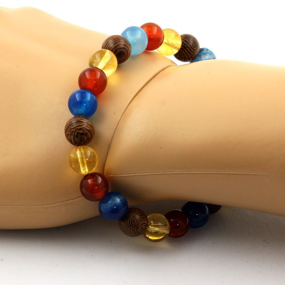 Bracelet Perles Citrine + Agate rubanée bleu + Agate Rouge + bois 8 mm.