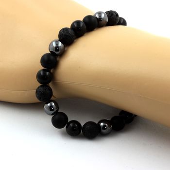 Bracelet Perles Obsidienne noire + Onyx noir mat + Lave + Hématite 8 mm.