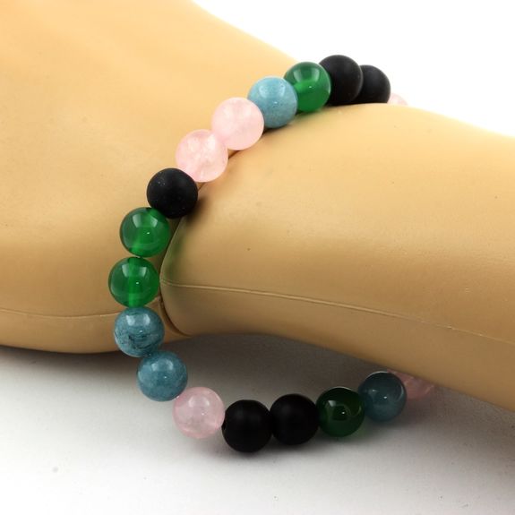 Bracelet Perles Quartz rose + Onyx noir mat + Aigue-Marine + Agate verte 8 mm.