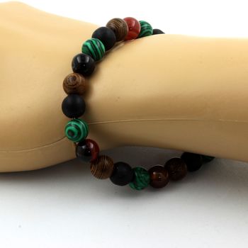 Bracelet Perles Agate rubanée + Onyx noir mat + Malachite + bois 8 mm.