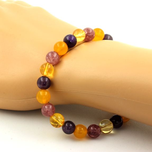 Bracelet Perles Citrine + Améthyste + Lépidolite + Agate jaune 8 mm.