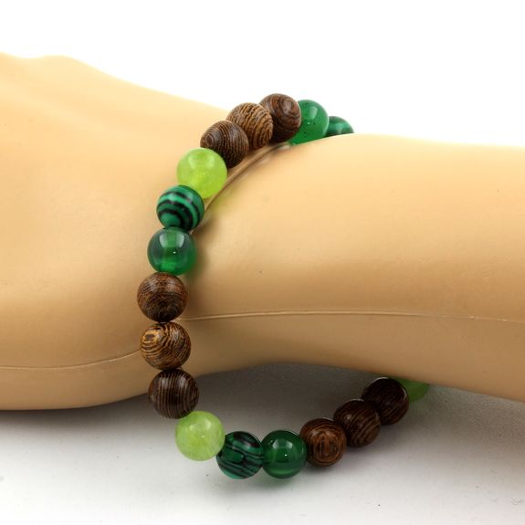 Peridot + Malachite + Green Agate + Wood Bracelet 8 mm Beads.