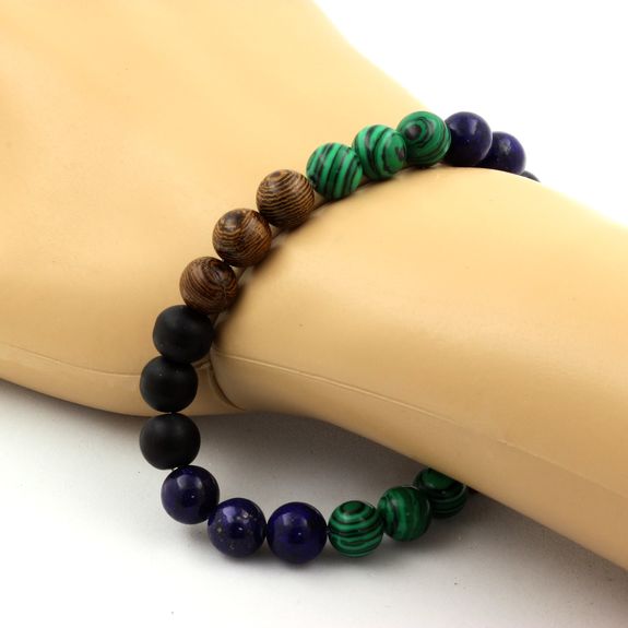 Bracelet Perles Lapis Lazuli + Malachite + Onyx noir mat + bois 8 mm.