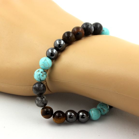 Bracelet Perles Labradorite + Oeil de Tigre + Turquoise + Hématite 8 mm.