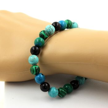 Bracelet Perles Chrysocolle + Malachite + Turquoise + Agate noire 8 mm.