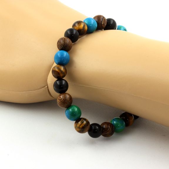 Bracelet Perles Oeil de Tigre + Chrysocolle + Obsidienne noire + bois 8 mm.