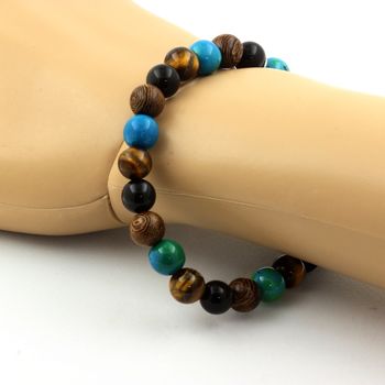 Bracelet Perles Oeil de Tigre + Chrysocolle + Obsidienne noire + bois 8 mm.