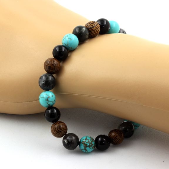 Bracelet Perles Labradorite + Agate noire + Turquoise + bois 8 mm.