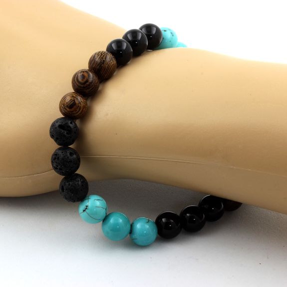 Bracelet Perles Turquoise + Lave + Agate noire + bois 8 mm.
