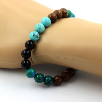 Bracelet Perles Chrysocolle + Turquoise + Agate noire + bois 8 mm.