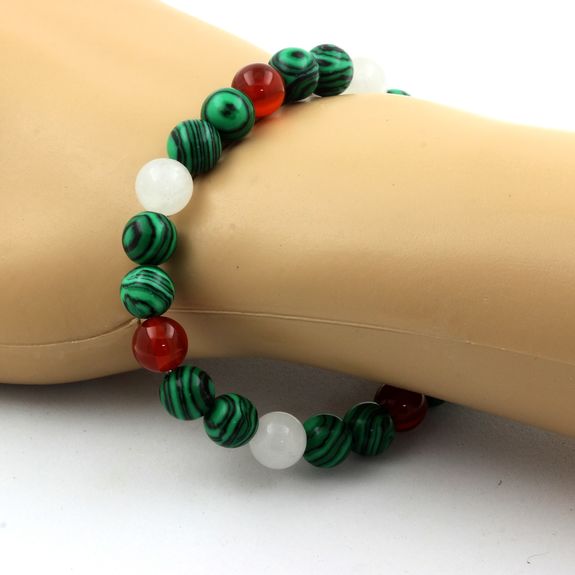 Bracelet Perles Malachite + Agate Rouge + Pierre de lune 8 mm.