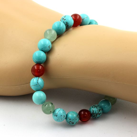 Bracelet Perles Aventurine + Turquoise + Agate Rouge 8 mm.