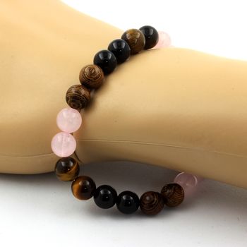 Bracelet Perles Quartz rose + Oeil de Tigre + Agate noire + bois 8 mm.