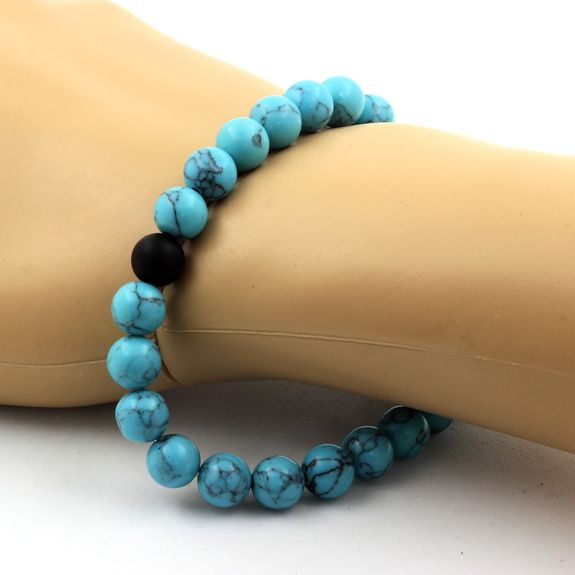 Bracelet Perles Turquoise + Onyx noir mat 8 mm.