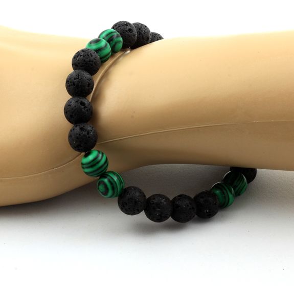 Bracelet Perles Malachite + Lave 8 mm.