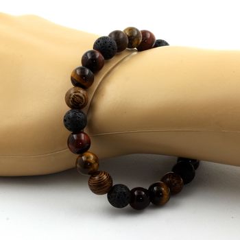 Bracelet Perles Oeil de Tigre + Lave + Oeil de Tigre rouge + bois 8 mm.