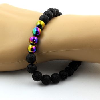 Bracelet Perles Lave + Hématite multicolore 8 mm.