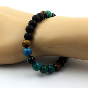 Bracelet Perles Chrysocolle + Oeil de Tigre + Onyx noir mat 8 mm.