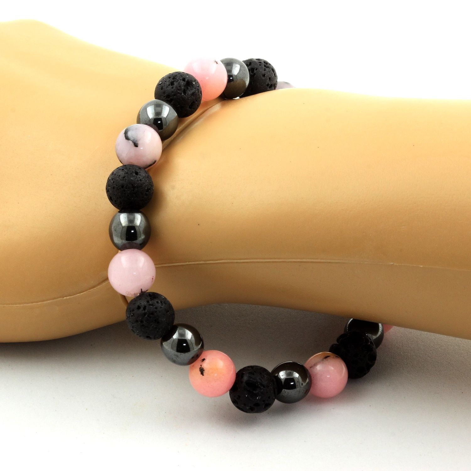 Bracelet Perles Minéraux Opale Rose, Hématite Et Lave - Perles 8 Mm, Fabrication Française, Neuf