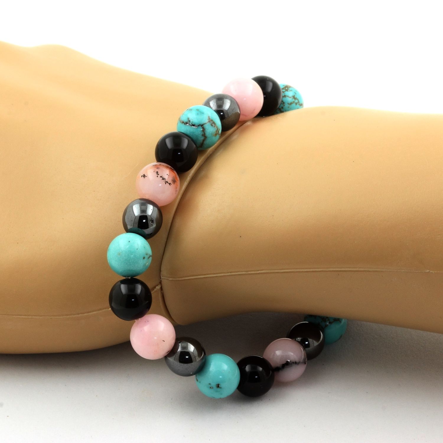 Bracelet Perles Naturelles : Opale Rose, Obsidienne Noire, Malachite Et Bois - 8 Mm - Neuf Avec étiquettes