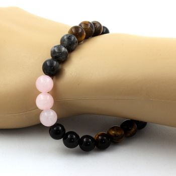 Bracelet Perles Quartz rose + Labradorite + Obsidienne noire + Oeil de Tigre 8 mm.