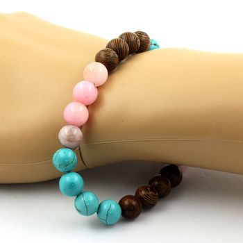 Bracelet Perles Opale Rose + Turquoise + bois 8 mm.