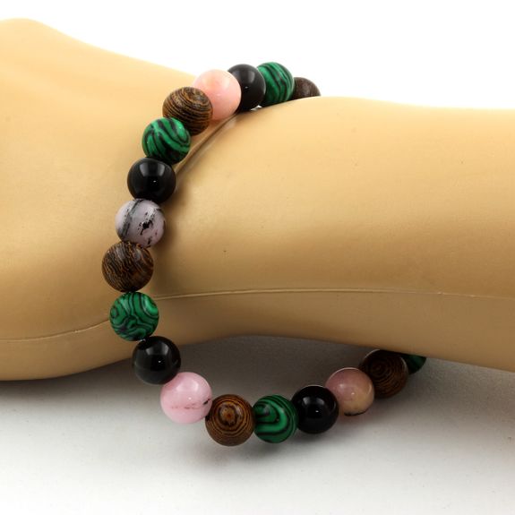 Bracelet Perles Opale Rose + Obsidienne noire + Malachite + bois 8 mm.