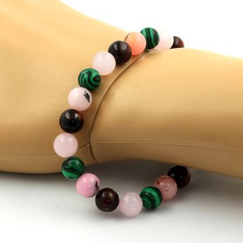 Bracelet Perles Opale Rose + Oeil de Tigre rouge + Quartz rose + Malachite 8 mm.