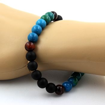 Bracelet Perles Oeil de Tigre rouge + Chrysocolle + Onyx noir mat 8 mm.