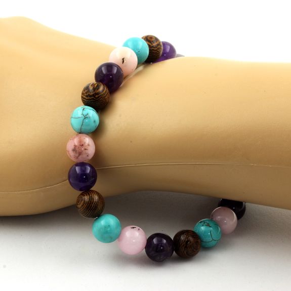 Bracelet Perles Opale Rose + Améthyste + Turquoise + bois 8 mm.