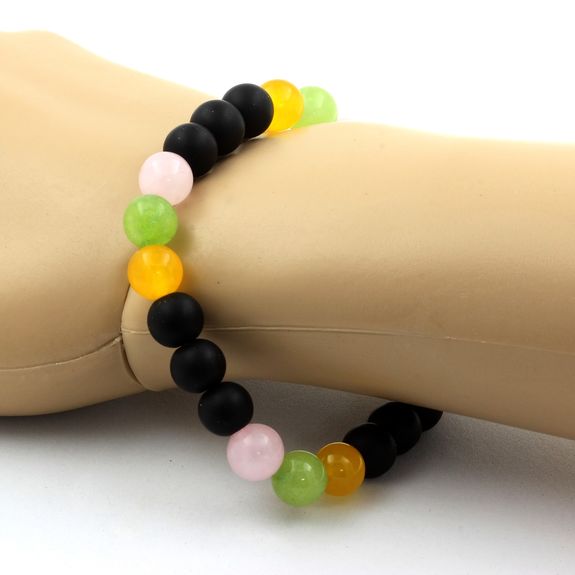 Bracelet Perles Quartz rose + Agate jaune + Péridot + Onyx noir mat 8 mm.