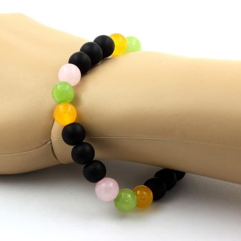 Bracelet Perles Quartz rose + Agate jaune + Péridot + Onyx noir mat 8 mm.