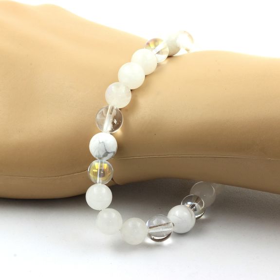 Bracelet Perles Pierre de lune + Quartz + Howlite + Quartz Titane 8 mm.