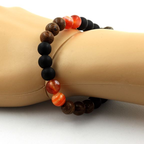 Bracelet Perles Agate rubanée + Onyx noir mat + bois 8 mm.