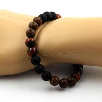 Bracelet Perles Oeil de Tigre rouge + Onyx noir mat + bois 8 mm.