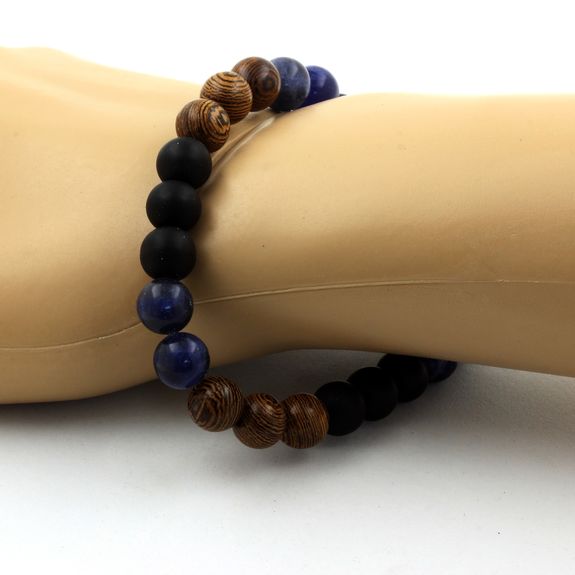 Bracelet Perles Sodalite + Onyx noir mat + bois 8 mm.