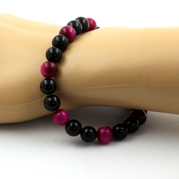 Bracelet Perles Oeil de Tigre Fuschia + Agate noire 8 mm.