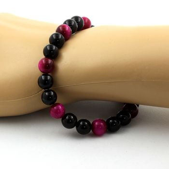 Bracelet Perles Oeil de Tigre Fuschia + Agate noire 8 mm.