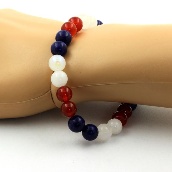 Bracelet Perles Agate Rouge + Pierre de lune + Lapis Lazuli 8 mm.