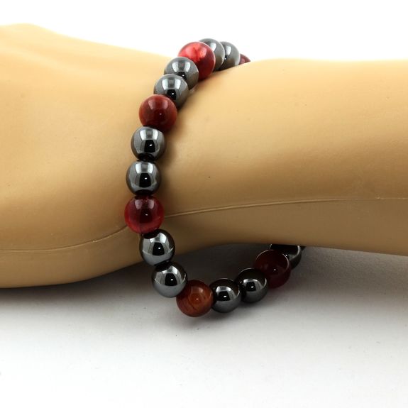 Red Pink Tiger's Eye + Hematite Bracelet 8 mm Beads.