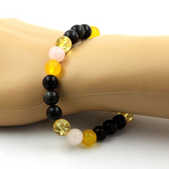 Bracelet Perles Obsidienne noire + Agate jaune + Citrine + Quartz rose 8 mm.