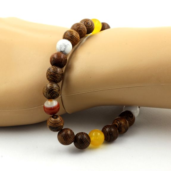 Bracelet Perles Agate rubanée + Agate jaune + Howlite + bois 8 mm.