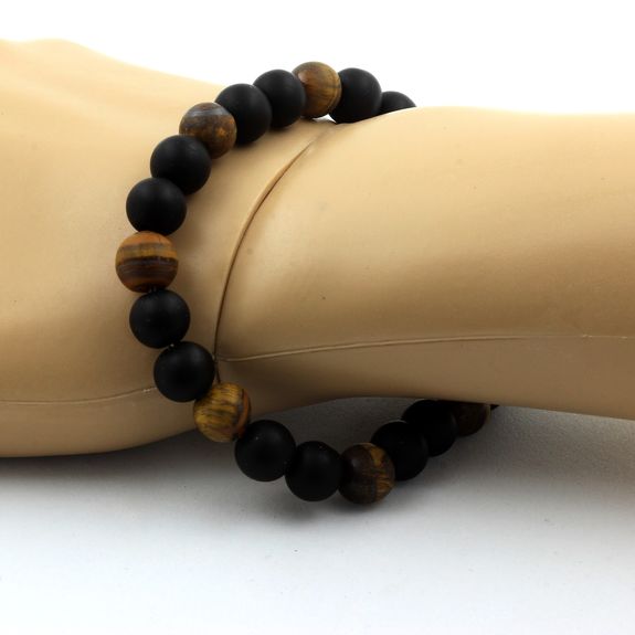 Bracelet Perles Oeil de Tigre mat + Onyx noir mat 8 mm.