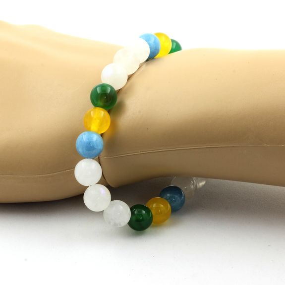 Bracelet Perles Pierre de lune + Agate jaune + Agate verte + Calcédoine bleu 8 mm.