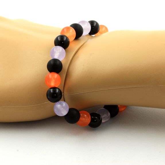 Bracelet Perles Calcédoine orange + Agate noire + Calcédoine lavande + Onyx noir mat 8 mm.